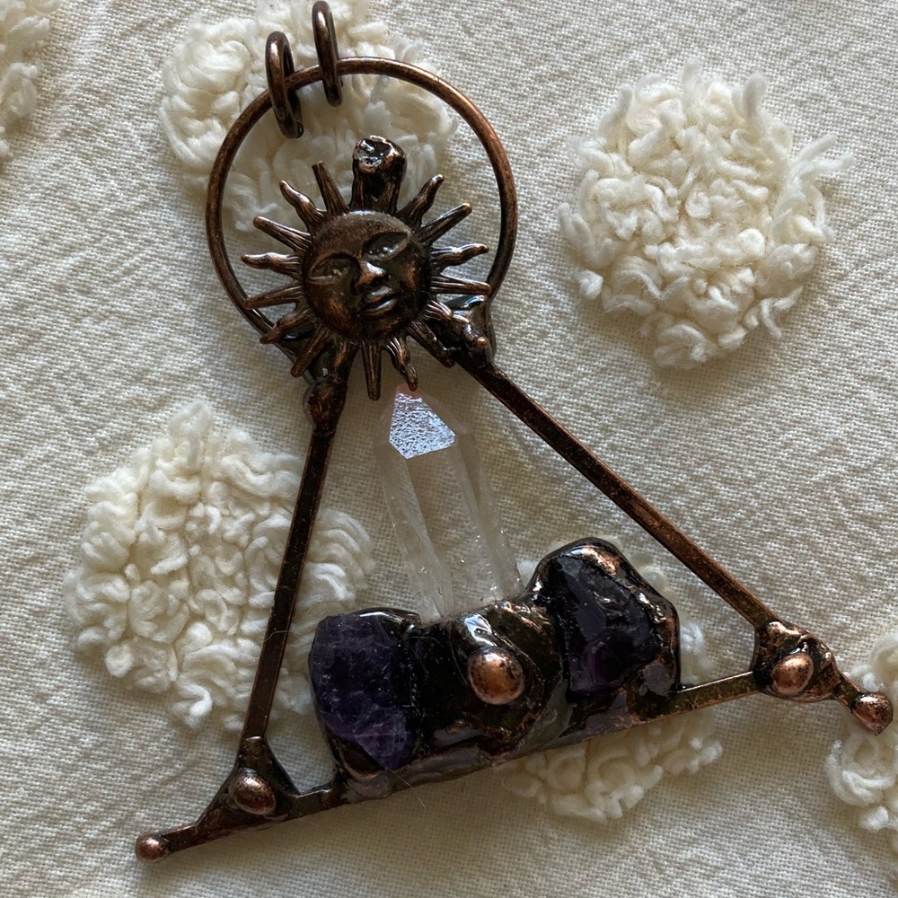 Copper Sun Pendant with Clear Quartz and Purple Amethyst